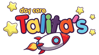 Logo for "Talita's Day Care" featuring colorful text, a rocket, and yellow stars around the words, perfect for a daycare setting.